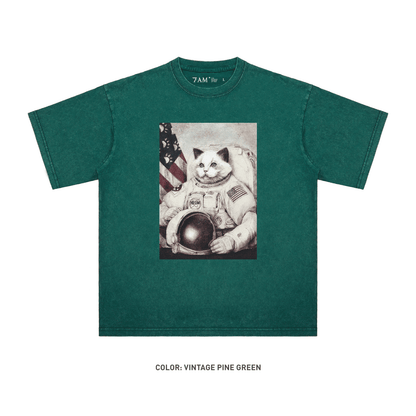 Neil Alden Armstrong Reincarnated Cat Astronaut 100% Cotton Short Sleeve Vintage T-shirt